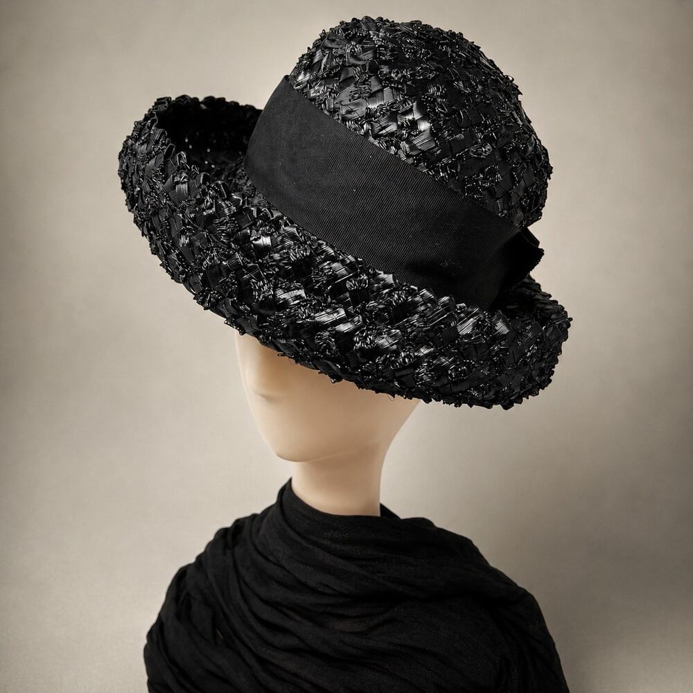 Vintage Black Wide Brim Cocktail Hat Audrey Hepburn Old Hollywood Union Made